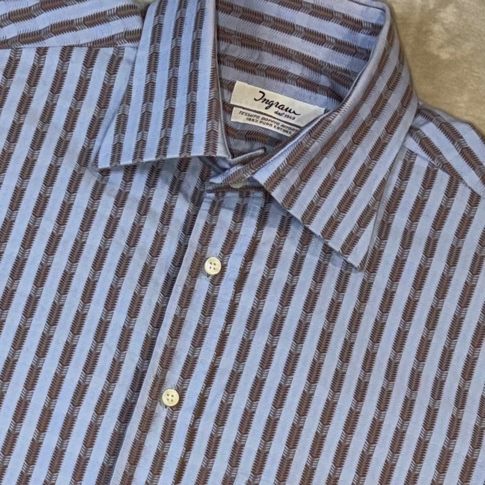 Ingram dal 1949 Mens Blue Brown Stripe Cotton Button Down Shirt Made in Italy 17